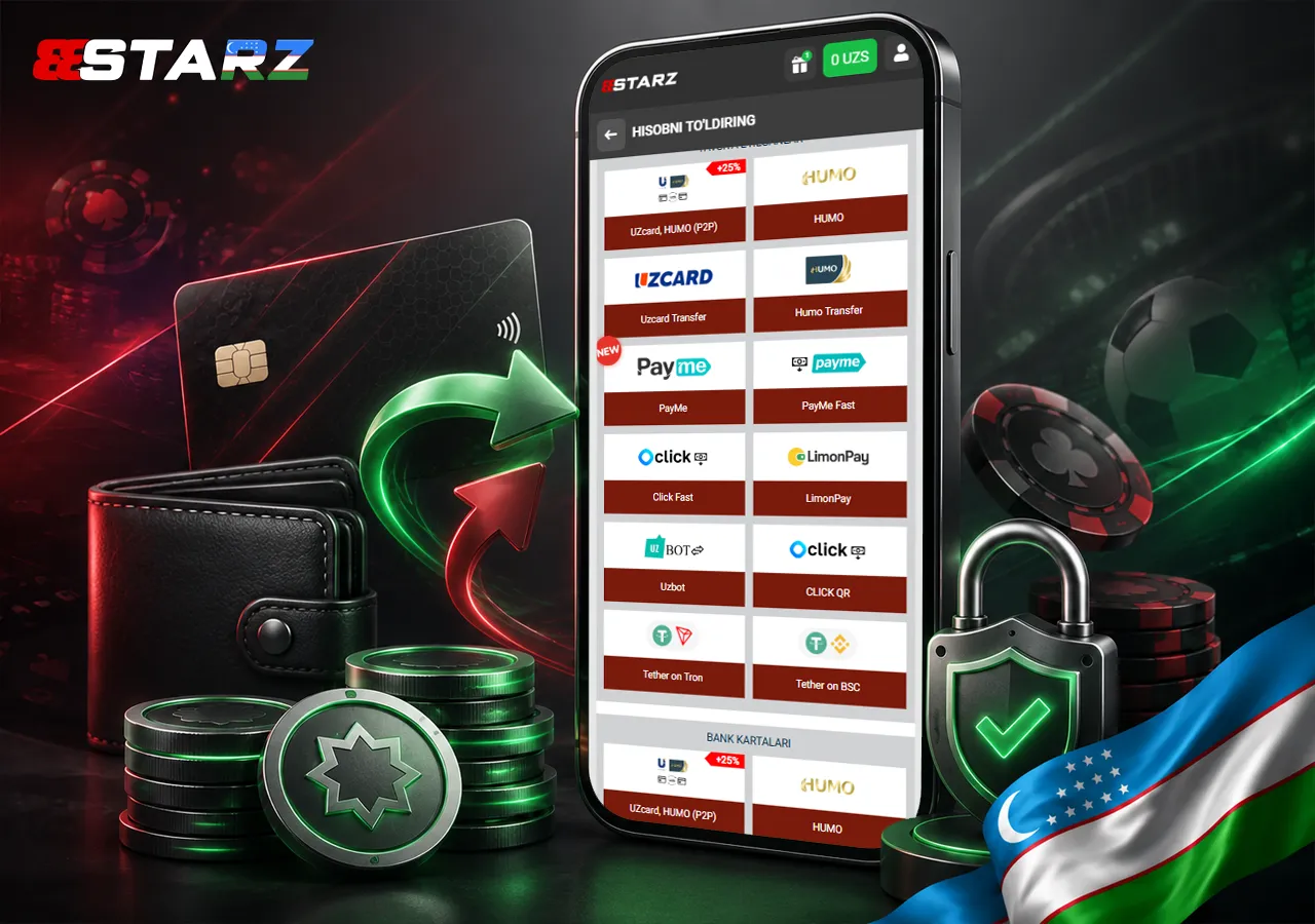 Depozit qilish jarayoni aks etgan mobil betting va kazino interfeysi