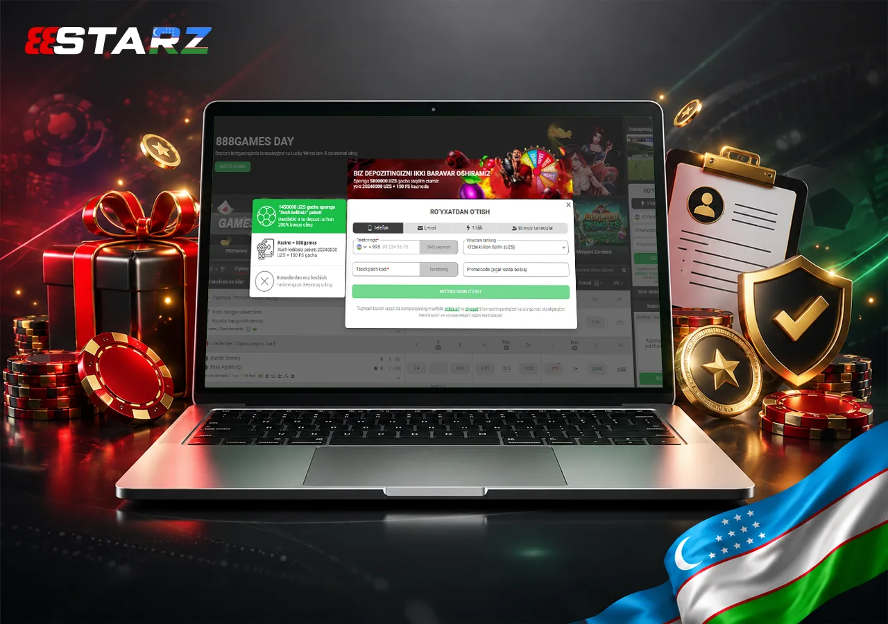 888Starz ro‘yxatdan o‘tish bonus, sovg‘a va hisobni tasdiqlash elementlari bilan